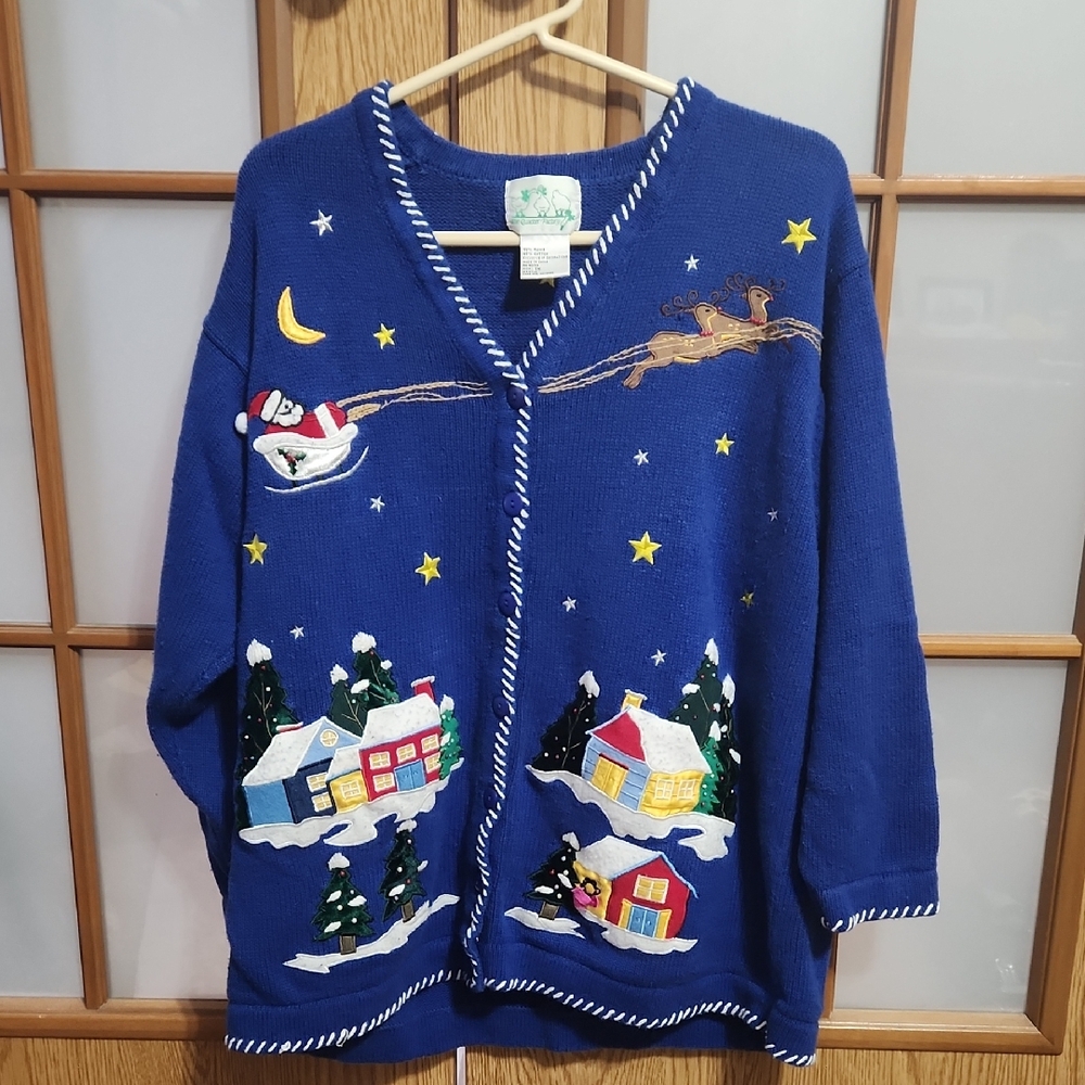 The Quacker Factory Vintage Christmas Eve Embroidered Holiday Sweater Cardigan
